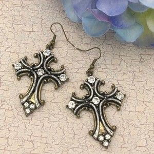 🌼  2- Tone Gold Silver Rhinestone Cross Dangle Earrings